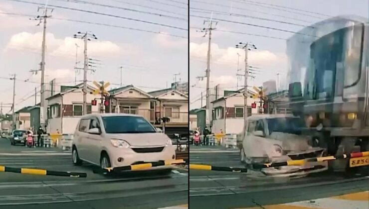 Japonyada otomobili tren biçti! İşte o anlar… | Video