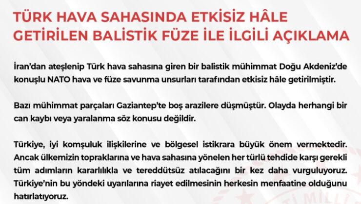 MSB: İran'dan ateşlenen füze imha edildi