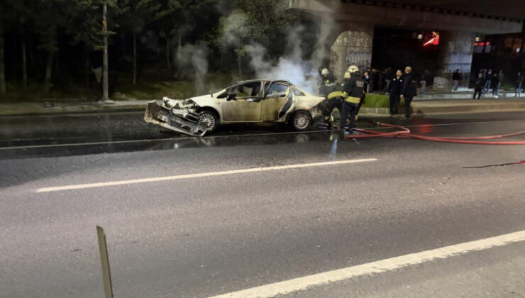 Otomobil, kaza sonrası alev topuna döndü