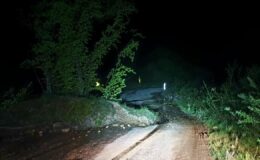 Bursa’da heyelan nedeniyle köy yoluna ağaçlar düştü
