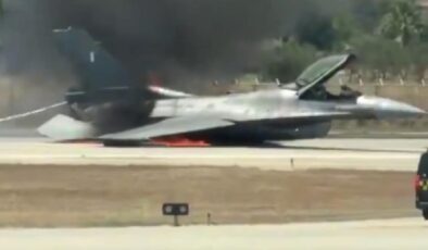 Yunanistan’da acil iniş yapan F-16 savaş uçağı alev aldı