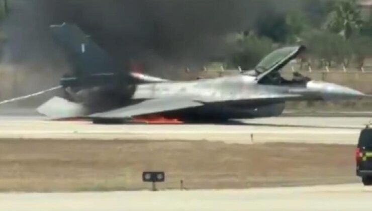 Yunanistan’da acil iniş yapan F-16 savaş uçağı alev aldı
